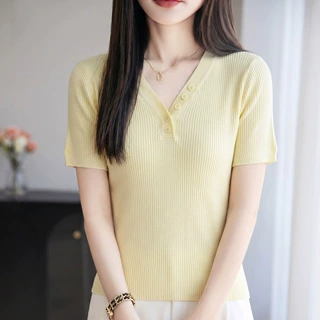 夏季v领纽扣针织短袖t恤女修身显瘦纯色半袖打底衫套头上衣百搭潮