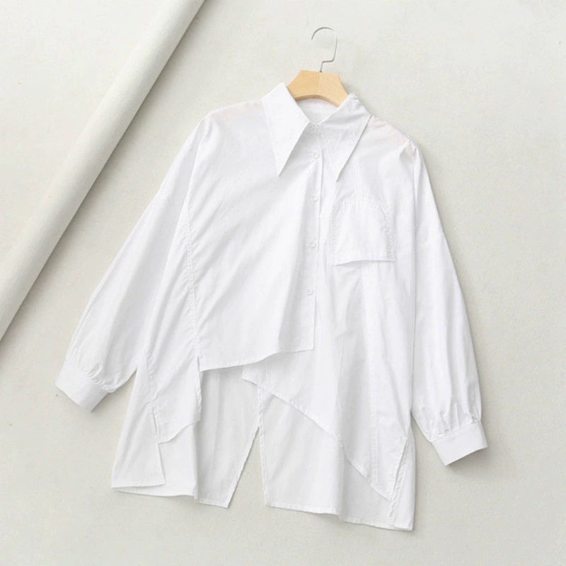 Women's Retro Autumn Loose-Fit Shirt, Asymmetric Hem, Long Sleeve, Blue or White (S–XL)