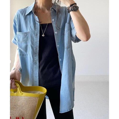 Summer Japanese style new loose slimming denim short-sleeved design shirt versatile top for women 
