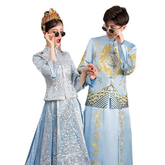 lu a hint of the same ice blue goddess blue Malay suit Xiuhe suit bride 2022 new Chinese dragon and phoenix jacket wedding dress