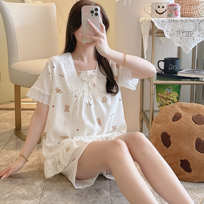 New Summer Korean Style Cloud Cotton Pullover Simple Pajamas for Women Sweet Princess Style Short-Sleeved Shorts Home Wear Set