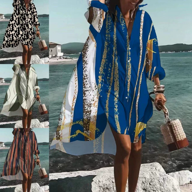 9461 Amazon внешней торговли Мода Женская свободная новая цифровая печать с длинным рукавом лацкан рубашка платье
