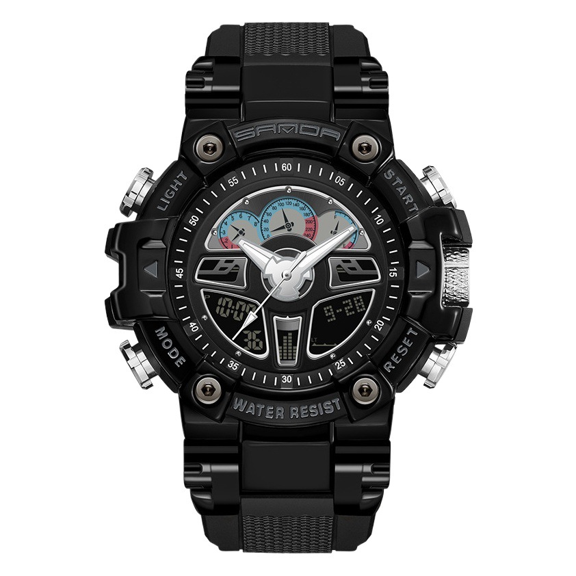 Sanda hasta mano luz reloj negro tecnología multi-funcional volante deportes volante reloj de alarma impermeable reloj masculino 3156