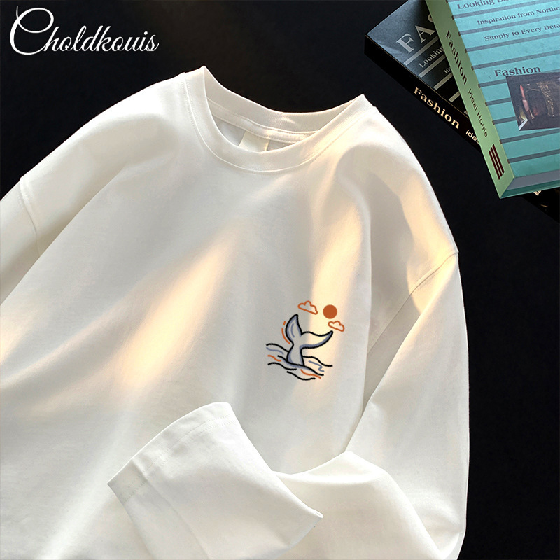 Pure Cotton Long-Sleeved T-Shirt for Men in Autumn and Winter American Retro Boys with Heavy Bottoming Shirt Hong Kong Style Trbottomyy Letter Round Neck Pure Cotton Long-Sleeved T-Shirt for Men in Autumn and Winter American Retro Boys with Heavy Bottoming Shirt Hong Kong Style Trbottomyy Letter Round Neck