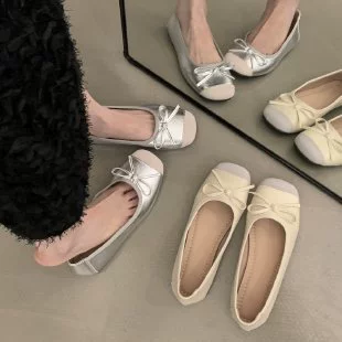 Женские туфли с французским бантом и неглубоким вырезом, летние 2025, новые туфли для увеличения роста, нежный стиль феи, вечерние балетки