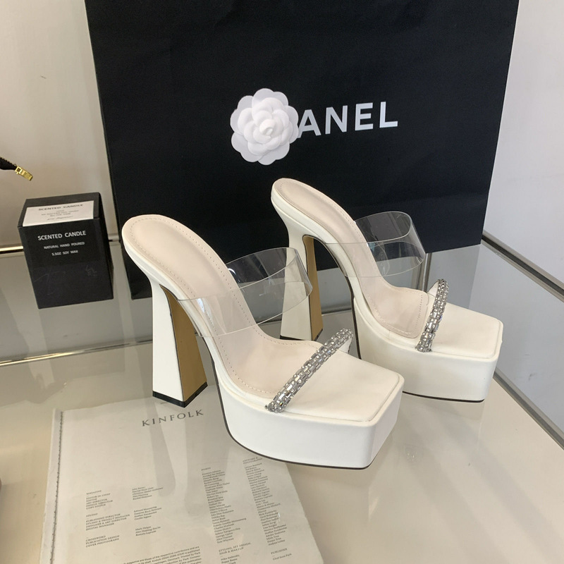 Sexy Pure Lust Style Transparent Rhinestone One-Strap Sandals Summer New Personalized Design Square Toe Thick Heel Sandals