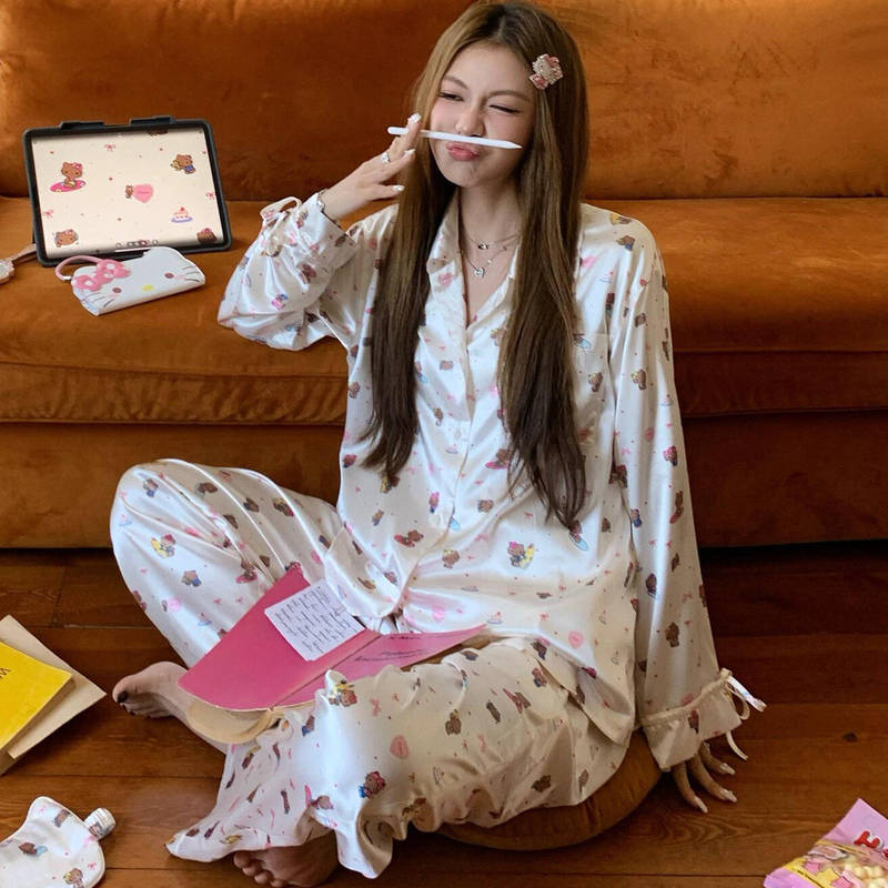 甜美少女卡通Kitty猫冰丝缎面睡衣女款夏季大码长袖长裤家居服ins|undefined