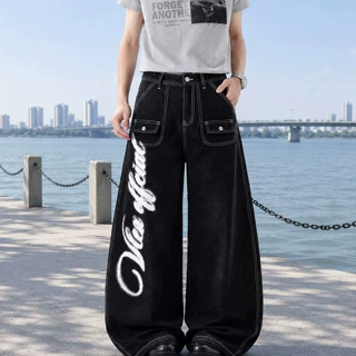 美式高街潮牌重磅翅膀涂鸦印花牛仔裤男女同款明线多口袋宽松阔腿