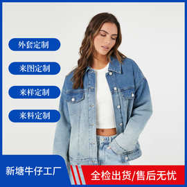 跨境亚马逊全棉洗水牛仔长款长袖夹克加绒羊羔绒牛仔外套女