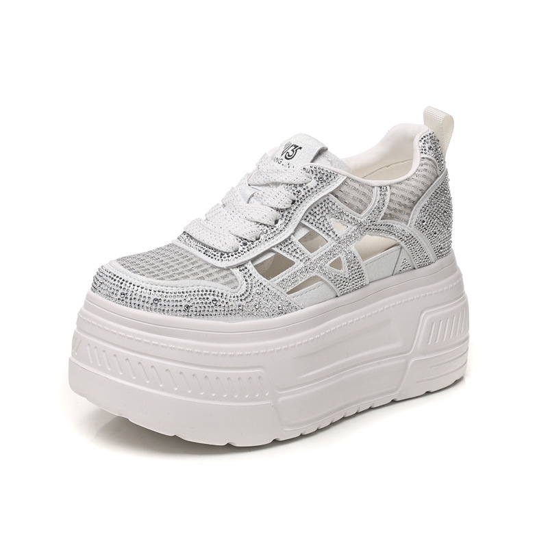 Giày sneaker nữ đế dày tăng chiều cao, phối đá rhinestone, lưới thoáng khí — màu trắng