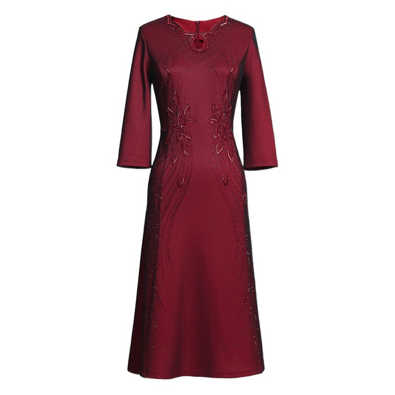 Новое осеннее элегантное платье для женщин среднего и старшего возраста с бриллиантовой вышивкой, 2025, оптовая продажа