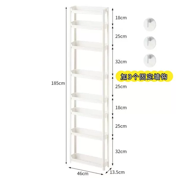 13.5cm wide, 8 stories high, no wheels, comes with 3 fixed wall hooks (2 short, 3 long and 2 extra long)