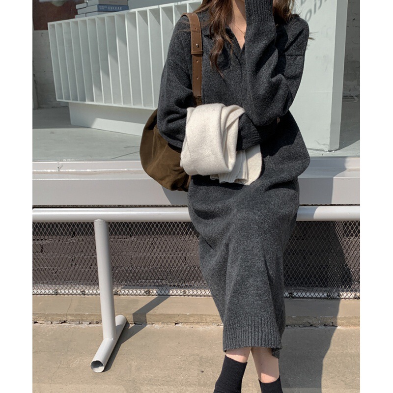 Solid color polo collar bottoming skirt autumn and winter New with overcoat long over-the-knee lazy wind loose thick knitted sweater dress Solid color polo collar bottoming skirt autumn and winter New with overcoat long over-the-knee lazy wind loose thick knitted sweater dress