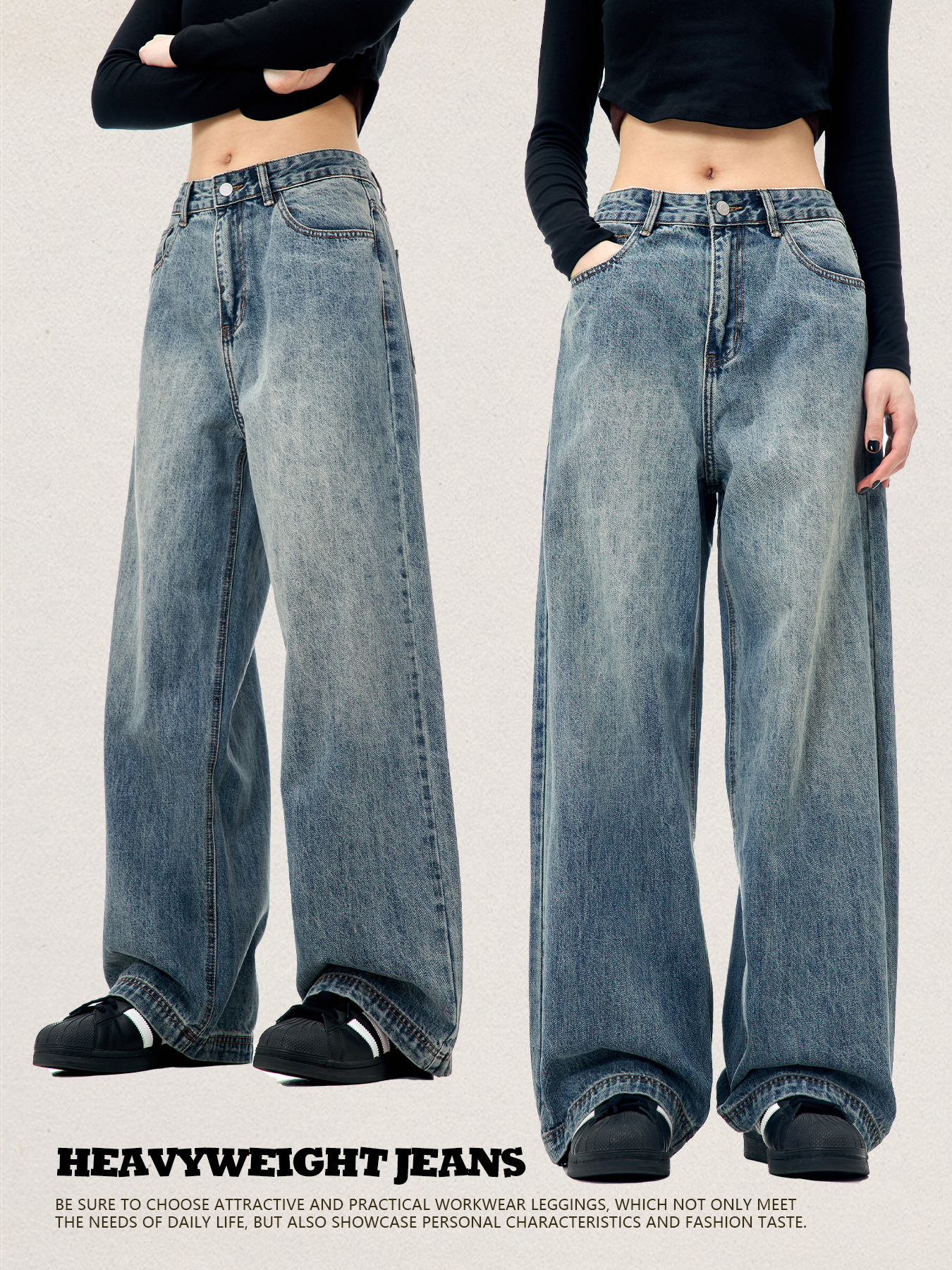 11KN Vaqueros de pierna recta azules retro americanos para hombres y mujeres, pantalones de pierna ancha informales, holgados, versátiles, modernos, sencillos y limpios