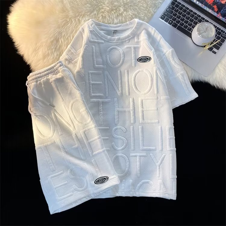Koreanischer Waffelpiqué-Freizeitanzug für Herren: Kurzarm-T-Shirt und Fünf-Punkt-Hose – Trendig, vielseitig, einfarbig, Sommer-Neuheit_voghion.com