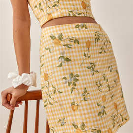 法式复古格子柠檬印花甜美高腰半裙短裙包臀超短裙短款包臀