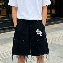 现货高版本克罗伈家夏季新款浅蓝十字架贴皮复古做旧牛仔短裤男女