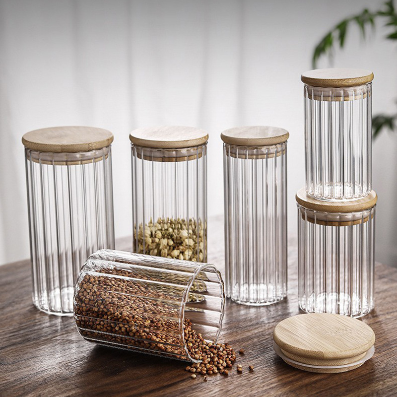 En stock patrón vertical de borosilicato redondo sellado tarro de té hogar transparente frasco de almacenamiento de vidrio botella de almacenamiento de dulces