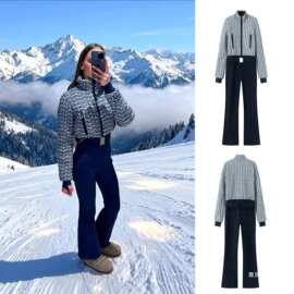 ZA跨境欧美外贸女装速卖通爆款冬季拼接腰带滑雪棉服连体裤棉衣厚