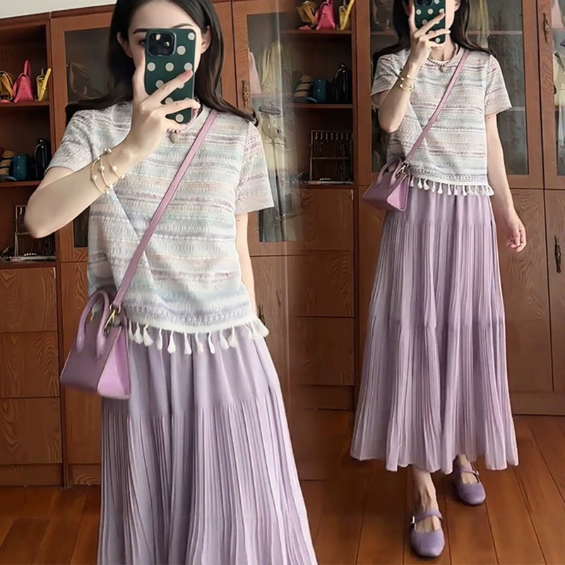 Summer New Style Small Fragrant Striped Lace Short-Sleeved Top with Drawstring Adjustable Skirt Casual Maternity Two-Piece Set Summer New Style Small Fragrant Striped Lace Short-Sleeved Top with Drawstring Adjustable Skirt Casual Maternity Two-Piece Set