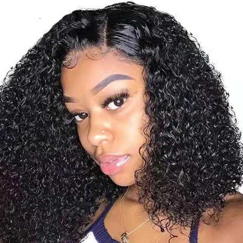 Comercio exterior Europa y América pelucas transfronterizas negras mano pequeña pelucas de cabello rizado corto de moda frente peluca de encaje wig