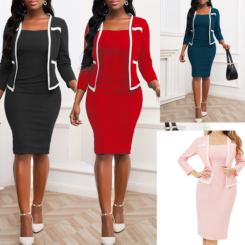 2025 Women's Fashion: European and American Style Cropped 3/4-Sleeve Fake 2-Piece Patchwork Professional Bodycon Dress