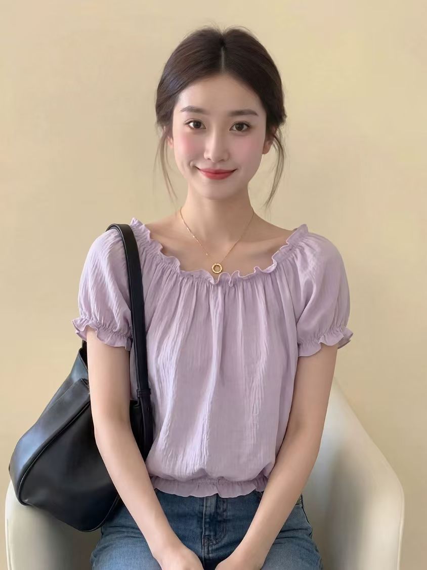Áo thun nữ tay ngắn cổ ren bèo, phối bong bóng nhẹ, kiểu Pháp — màu tím
