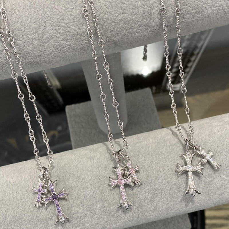 S925 Silver Necklace with Double Cross, Gold-Plated, Vintage Hip-Hop Style for Men and Women, Couple Sweater, Retro Style