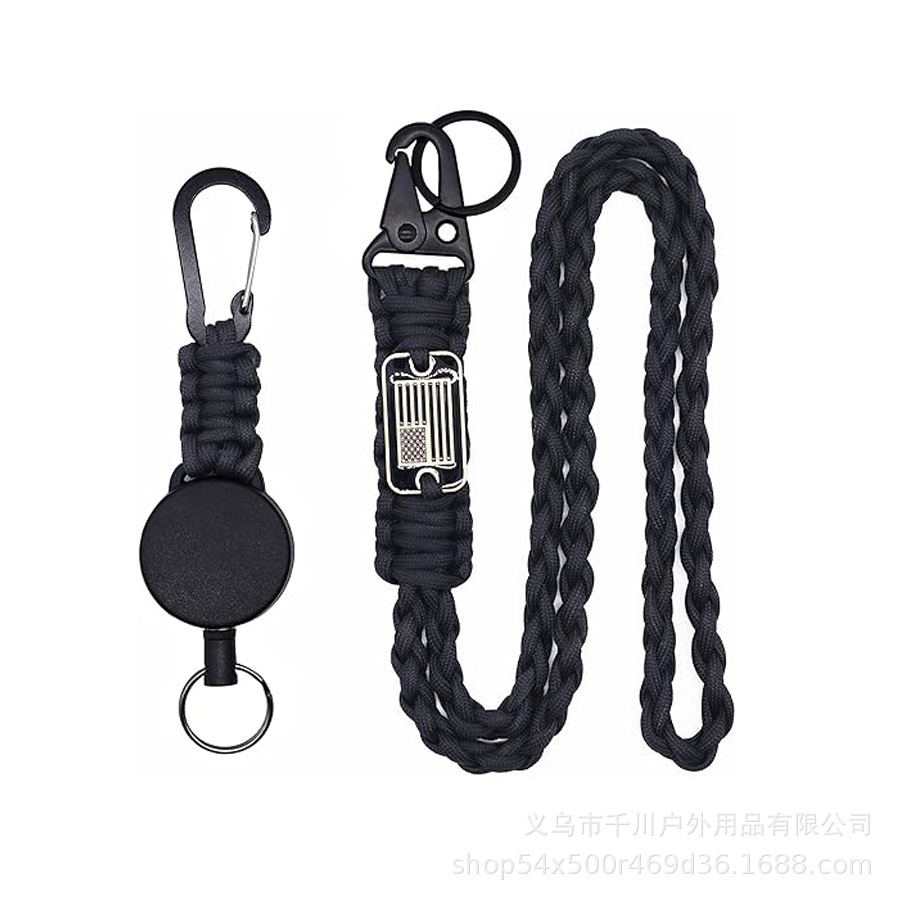 跨境ABS高弹力钢丝绳自动伸缩钥匙扣伞绳编织国旗牌挂绳登山拉扣