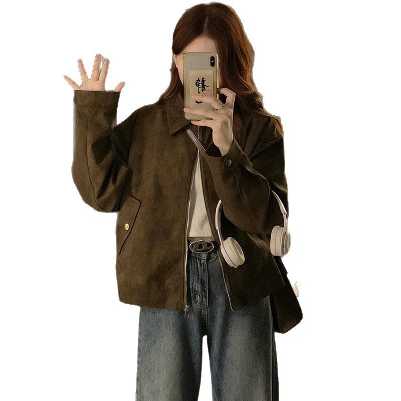 甜酷咖色麂皮绒外套女春秋新款复古小众短款美拉德上衣夹克小个子|undefined