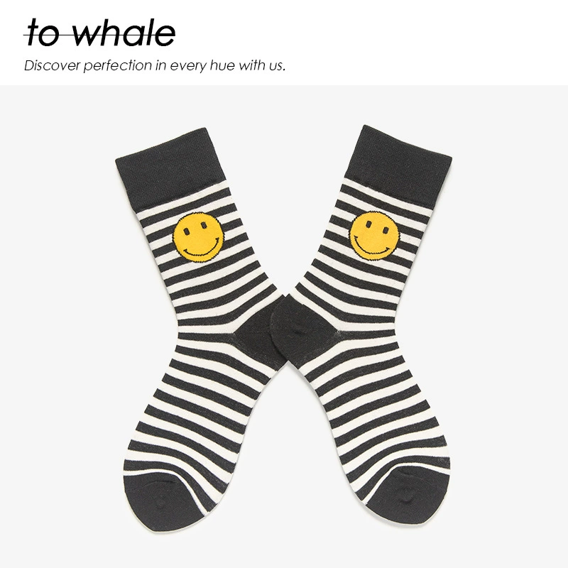 Черно-белые тонкие полосатые носки Towhale с улыбающимся рисунком, весна-осень, средняя длина, высокая манжета, классический модный тренд Южной Кореи