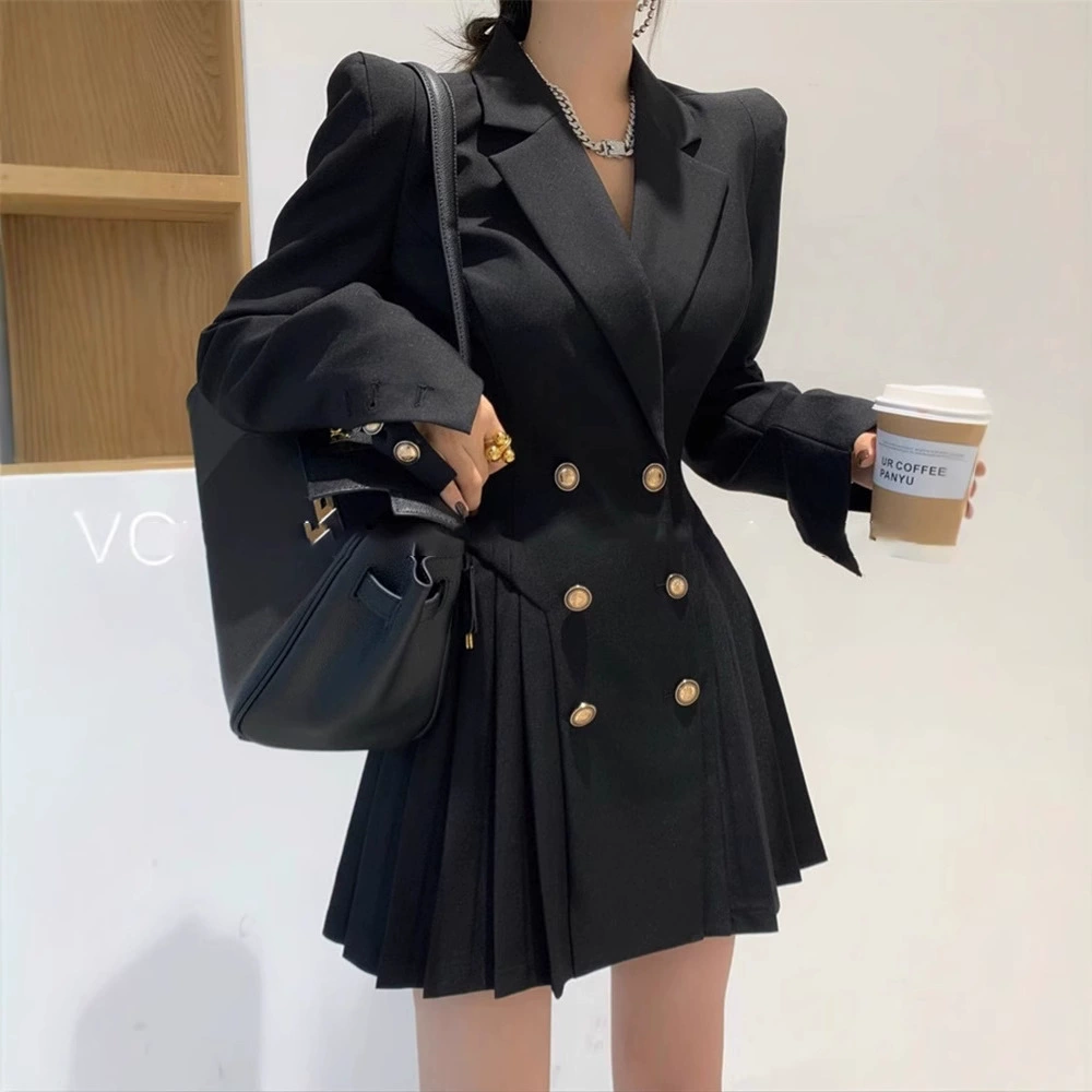 Весенне-осенний двубортный костюм в корейском стиле, стильный и омолаживающий, стройнящее плиссированное платье с длинными рукавами в стиле богини, модное.