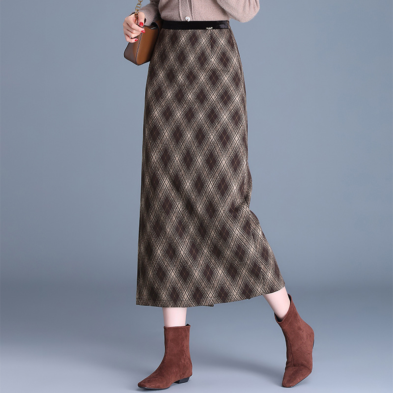 2024年新款格子半身裙女秋冬季高腰包臀裙中长款开衩直筒一步裙