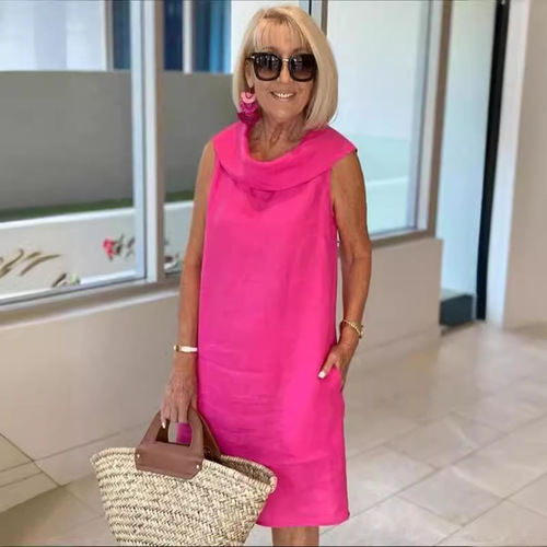 Cross-border Trade 2024 European and American Summer temu New Cotton Linen Casual Loose Collar Sleeveless Solid Color Dress 
