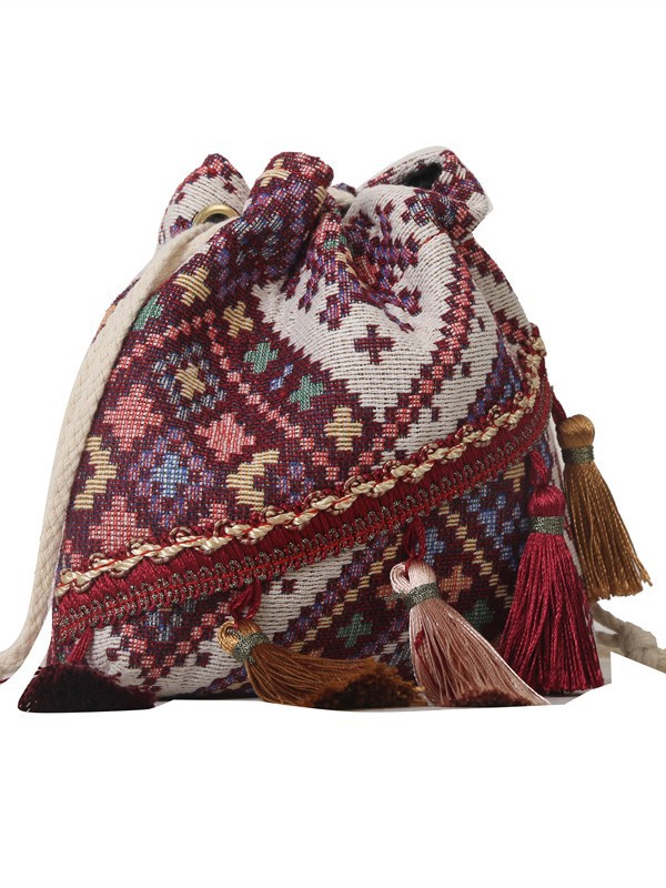 Ethnic Minority Style Women's Bag 2026 New Trendy Fashion Tassel Bucket Bag Ethnic Drawstring Shoulder Crossbody Bag