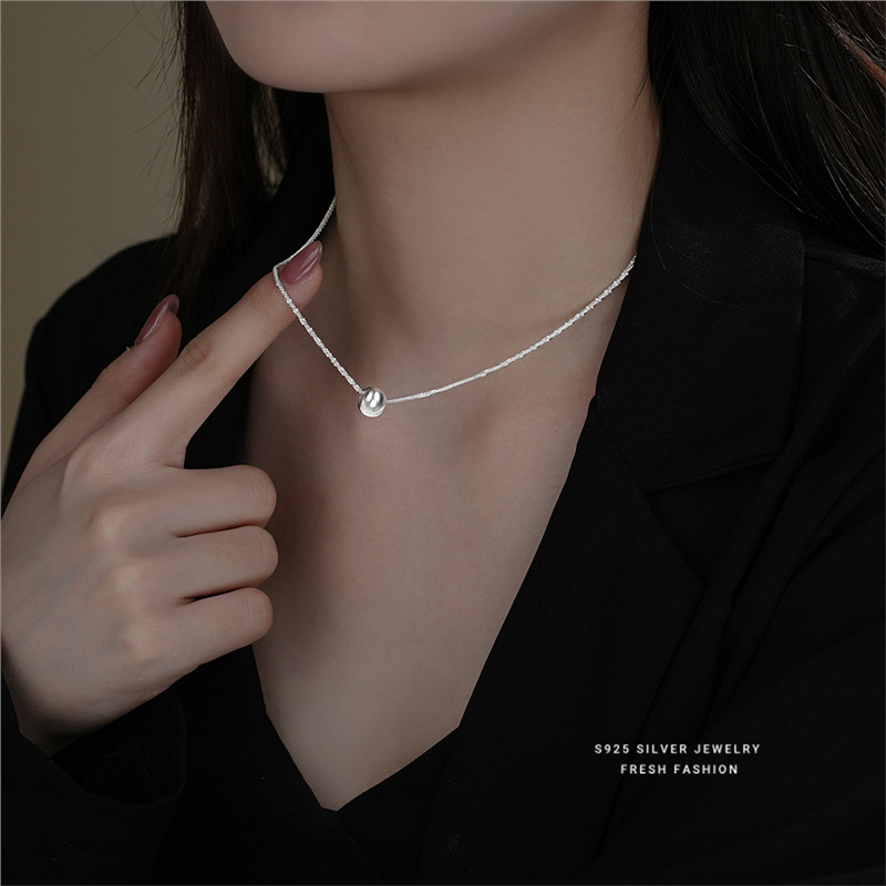 Collana in argento puro spazzolato per donna, fresca e versatile, cielo stellato scintillante, catena con perline rotonde per clavicola_voghion.com