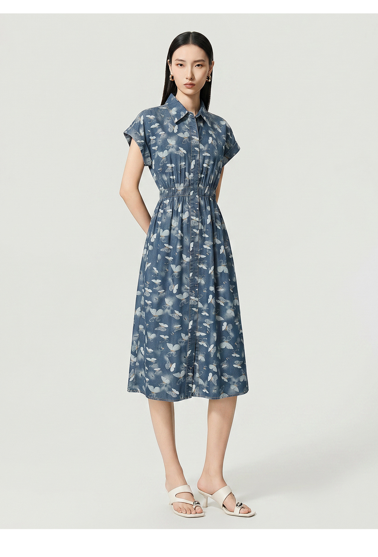 Đầm maxi nữ in họa tiết hoa bướm chất denim nhẹ thắt eo — Cao bồi xanh chi tiết 14