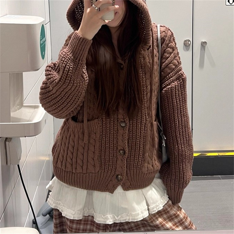 秋冬连帽针织衫外套女2025欧货新款设计感加厚单排扣针织衫上衣女|undefined