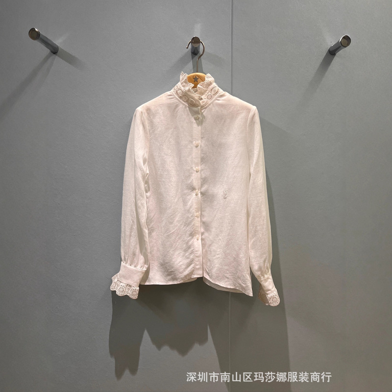法式高端2025早秋新款简约气质字母次序花边立领亚麻宽松衬衫女|undefined