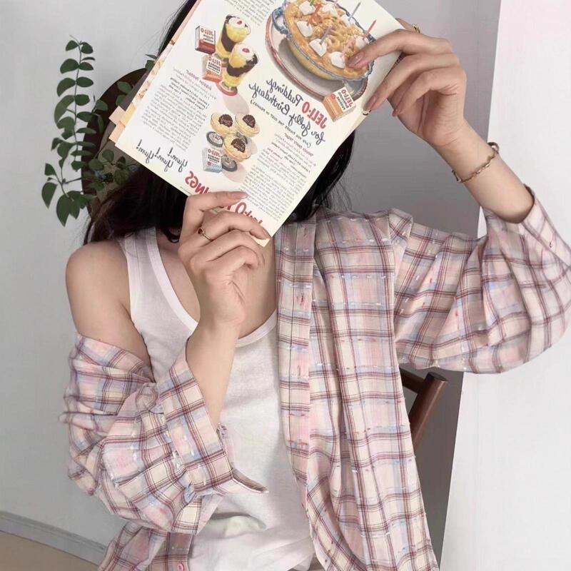 Korean-Style Pure Cotton Plaid Shirt for Women, Layered for Spring and Autumn, Slimming and Popular Long-Sleeve Shirt for Outerwear, Ins Korean-Style Pure Cotton Plaid Shirt for Women, Layered for Spring and Autumn, Slimming and Popular Long-Sleeve Shirt for Outerwear, Ins