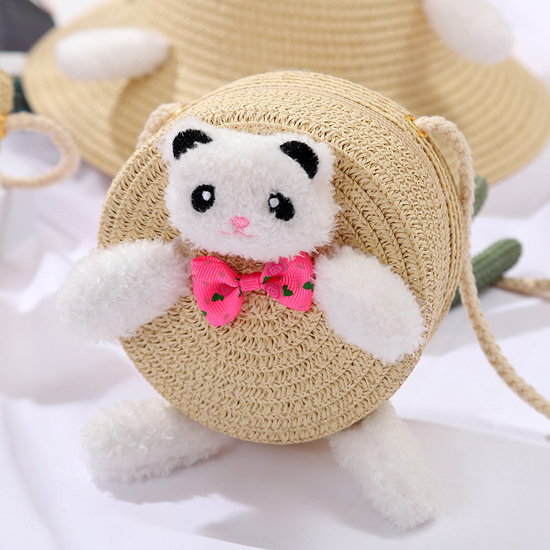138g Weight Weave Fashion Element Zipper Closure Type Single Shoulder Strap Strap Type Straw Bag Bags Type Casual, Holiday Occasion Straw Material Animal, Cartoon Pattern Spring&Summer Season Kid'S Gender Cute Style Round, Bucket Shape Kid'S Straw Animal Cartoon Cute Weave Round Bucket Zipper Straw Bag 24