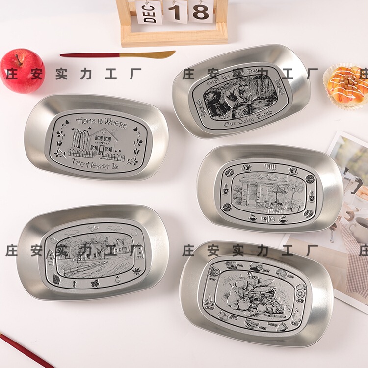 Retro Tinplate Creative Snack Plate Household Commercial Stainless Steel Plate French Fries Fried Chicken Barbecue Outdoor Picnic Plate