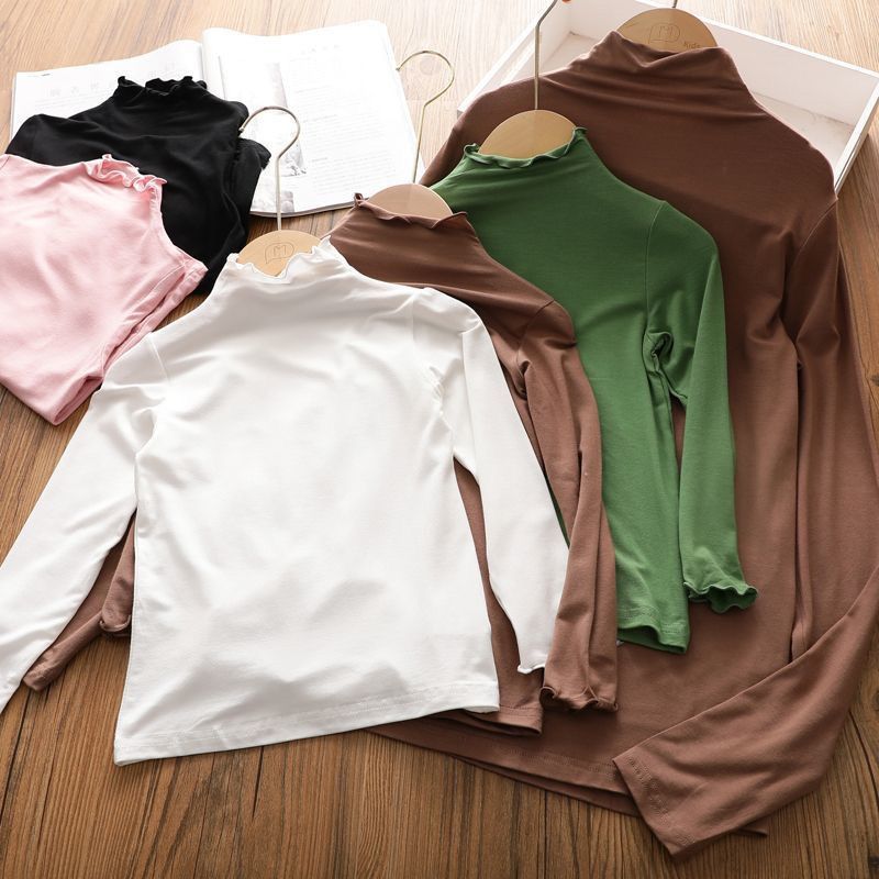 Girls Model Cotton Base Shirt Baby Spring and Summer Solid Color High Collar Thin All-match T-shirt Children's Parin-Child Ins
