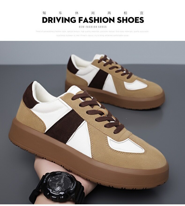 Giày sneaker nam cổ thấp phối màu, mũi tròn, đế cao su, thoáng khí, dây buộc — Màu lạc đà, Màu trắng chi tiết 11