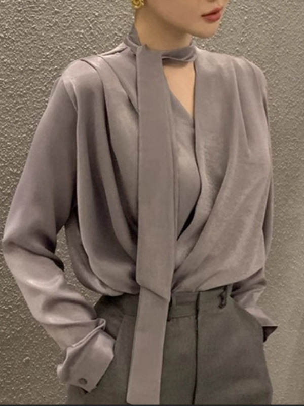 春夏の女性用高級軽量高級アセテートサテンシャツ、リボン付きVネックシャツ、フランスの美しいトップス|undefined