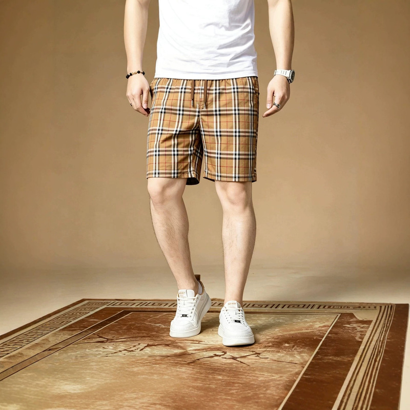 Korean Style Plaid Men's Shorts, Summer Cotton Straight-Leg Five-Point Pants, Beach Casual Outerwear Men's Shorts