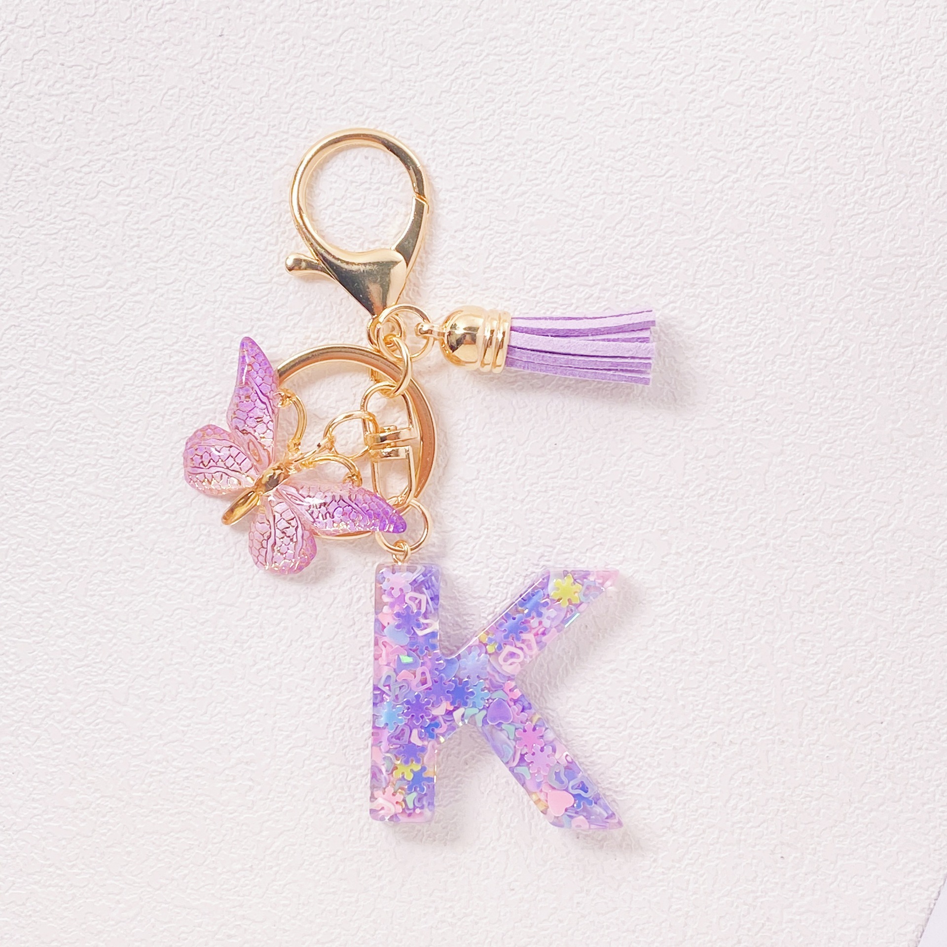 20g Weight Sequins Inlay Material Keychain Classification Daily Occasion Epoxy Material Letter, Butterfly Pattern Women's Gender Sweet Style Purple Color Letter Butterfly Keychain Epoxy Sequins Women's Sweet Keychain 12