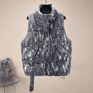 Down vest female Korea Dongdaemun 2022 new autumn and winter European sequined vest velvet vest jacket tide