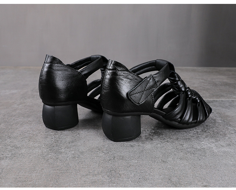 Sandal nữ quai ngang gót vuông ổn định, mũi tròn da bò thật, đế cao 5 cm — màu nâu chi tiết 12