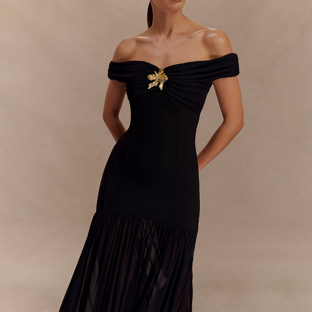 Europa y los Estados Unidos comercio exterior ropa de mujer 2025 nuevo temperamento vestido de malla de hombro abierto empalmado vestido de cadera mujer image 6